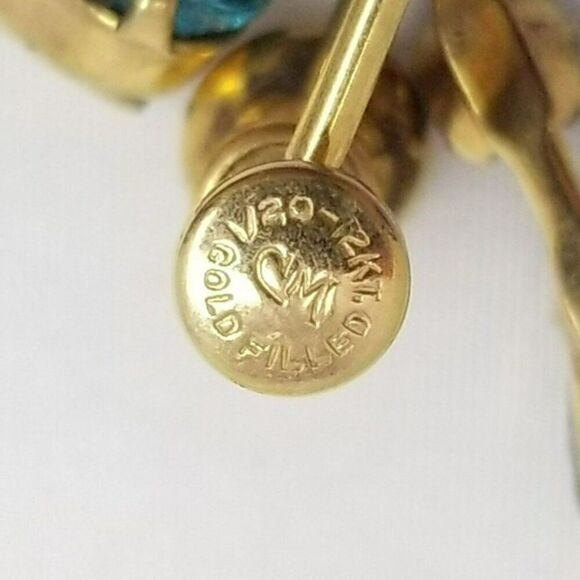 Vintage Yellow Gold Filled Blue Rhinestone Dangle Clip On Screw Back Earrings - Picture 4 of 6